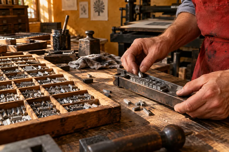 Hands arranging metal type for a printed composition