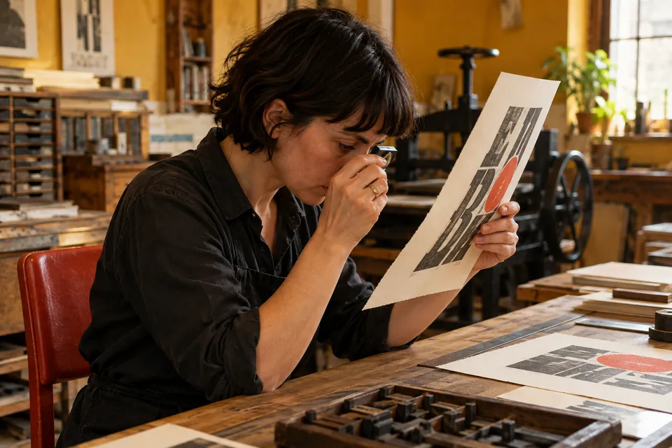 A reader inspecting a printed proof with a loupe