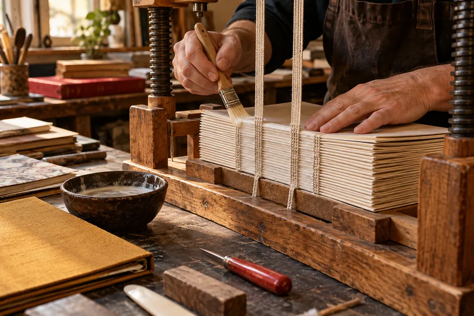 Book signatures being prepared and glued for binding