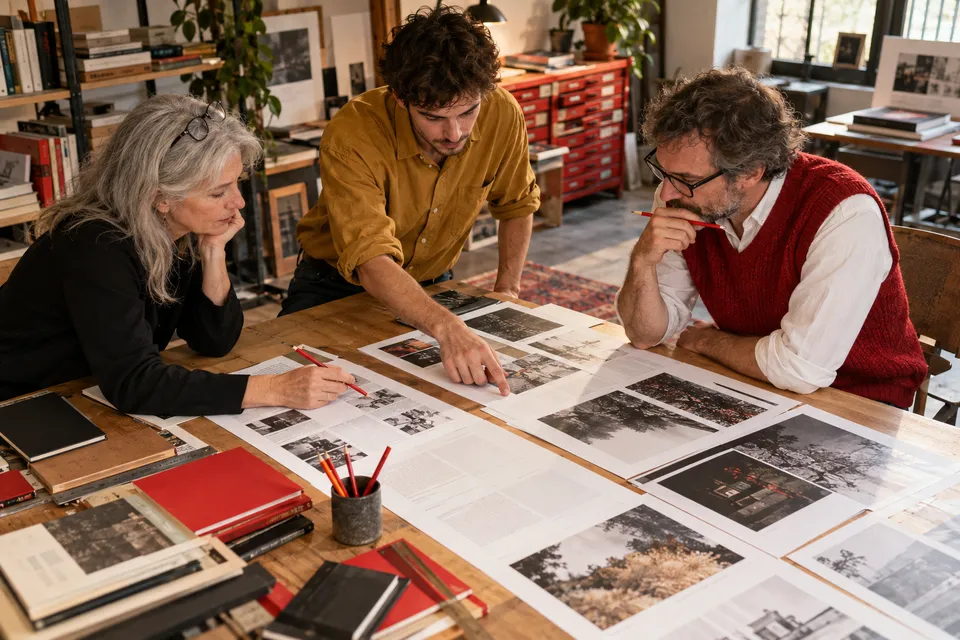 Adults reviewing printed page proofs together