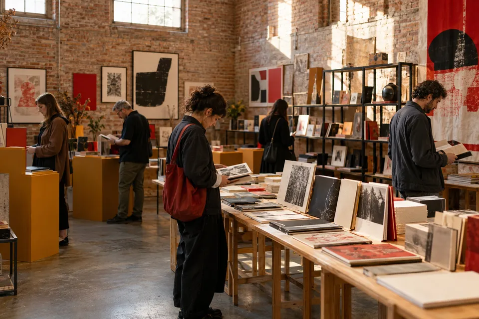 Visitors looking at a small publication display