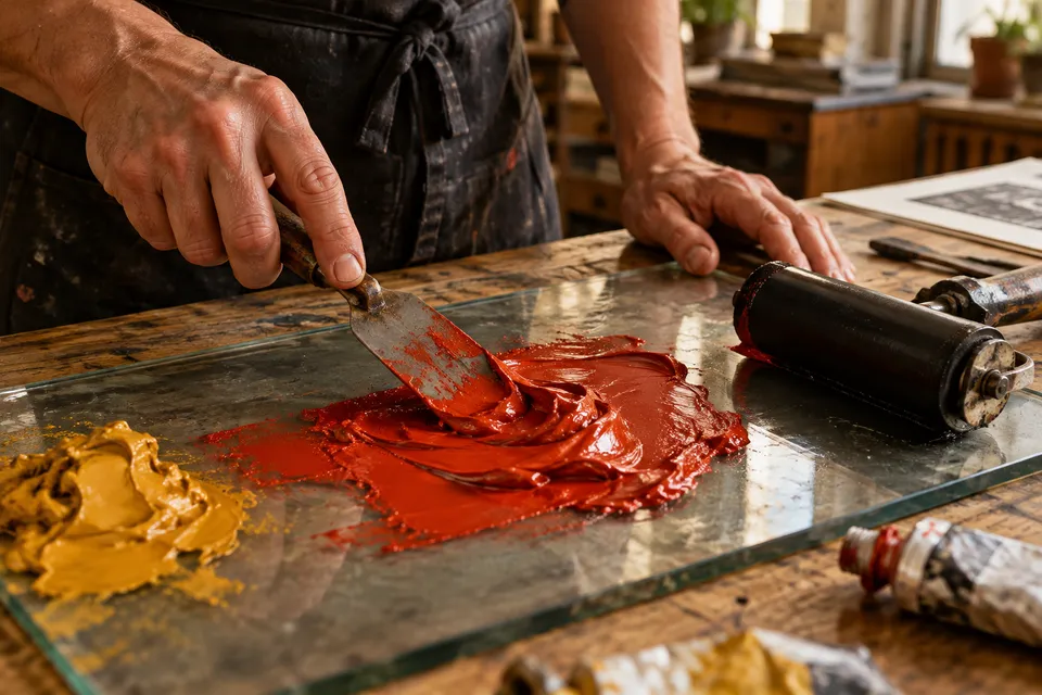 Printing ink mixed on a glass surface
