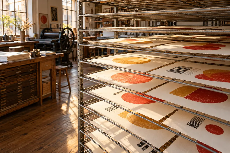 Freshly printed proofs drying on a rack